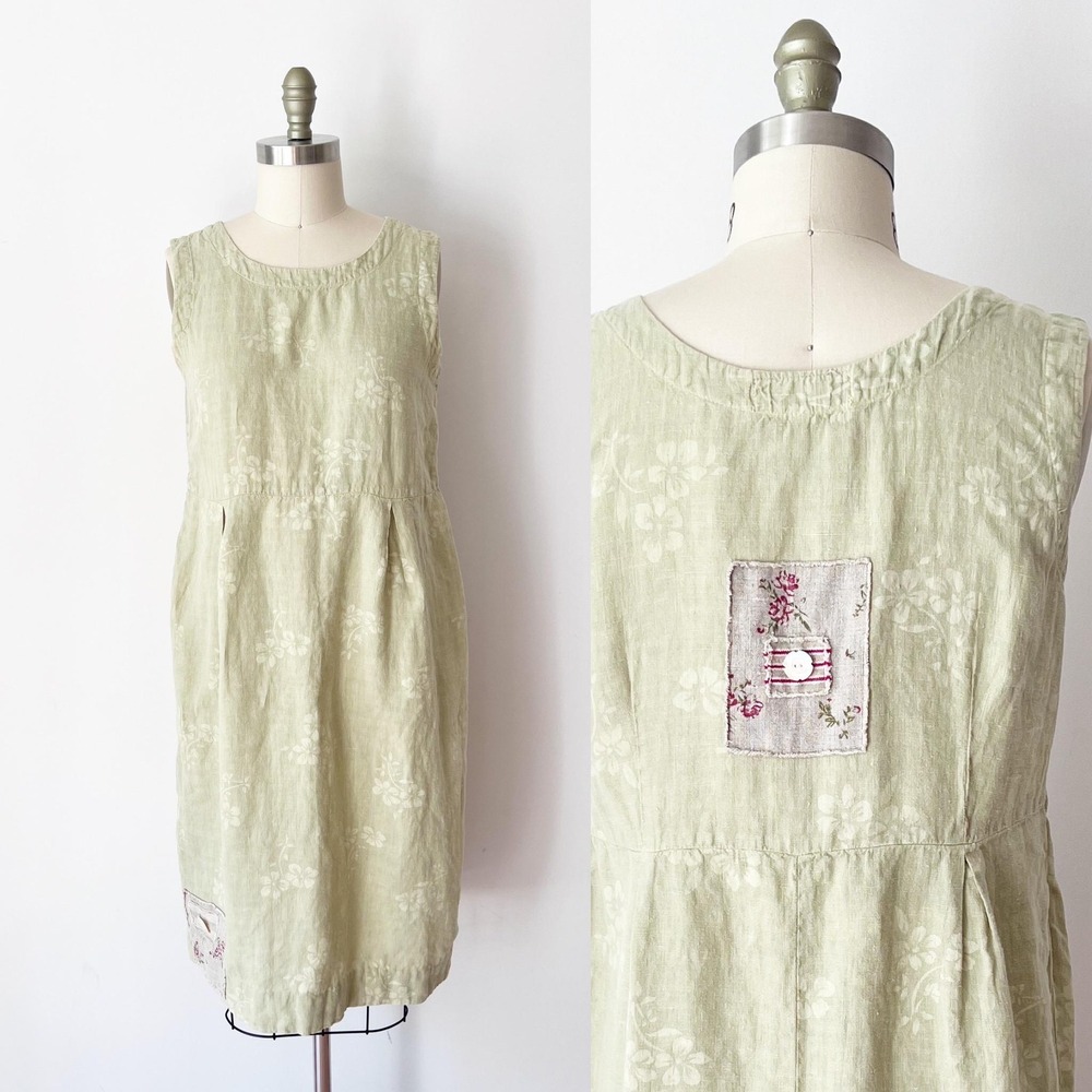 Vintage Linen Pistachio Green Patchwork Dress Lagenlook